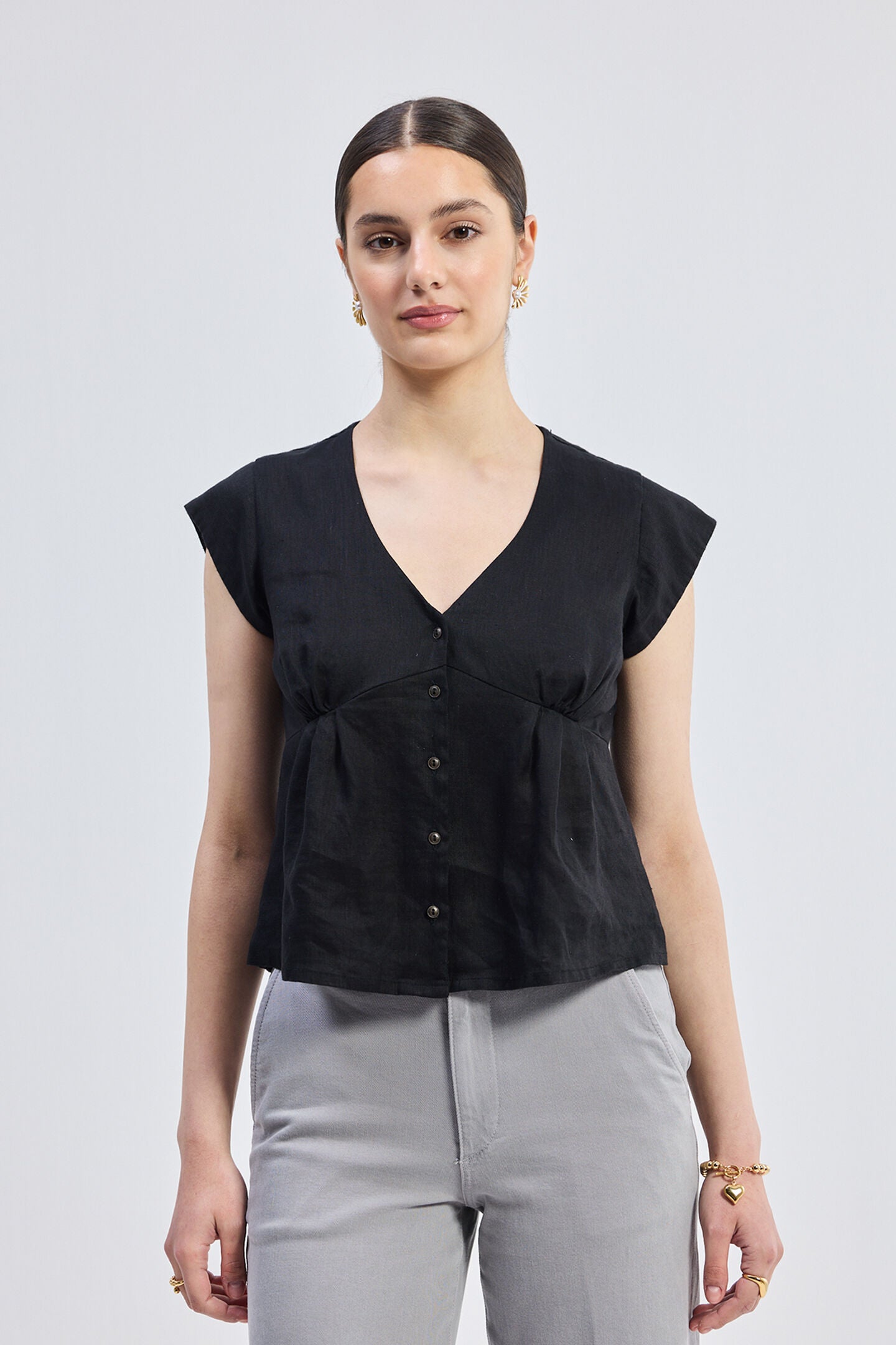 Deep V-neck short top in Black, Black / Black, hi-res image number 0