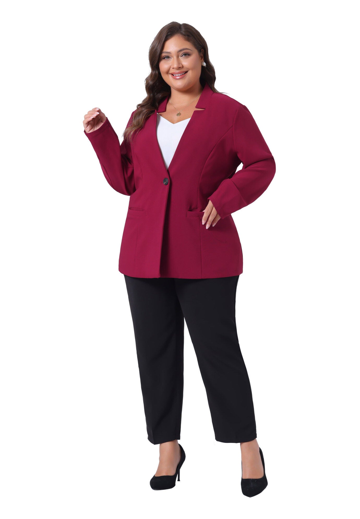 OFFICE WORK BUTTON LONG SLEEVE BLACK BLAZER, Burgundy / Red, hi-res image number 0
