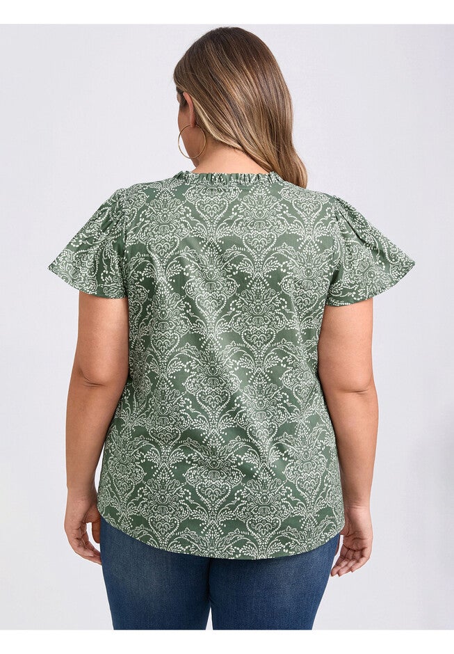 Floral Printed Ruffle V Neck Short Sleeve Popover Blouse, Gray Green / Charcoal Grey, alternate image number 2