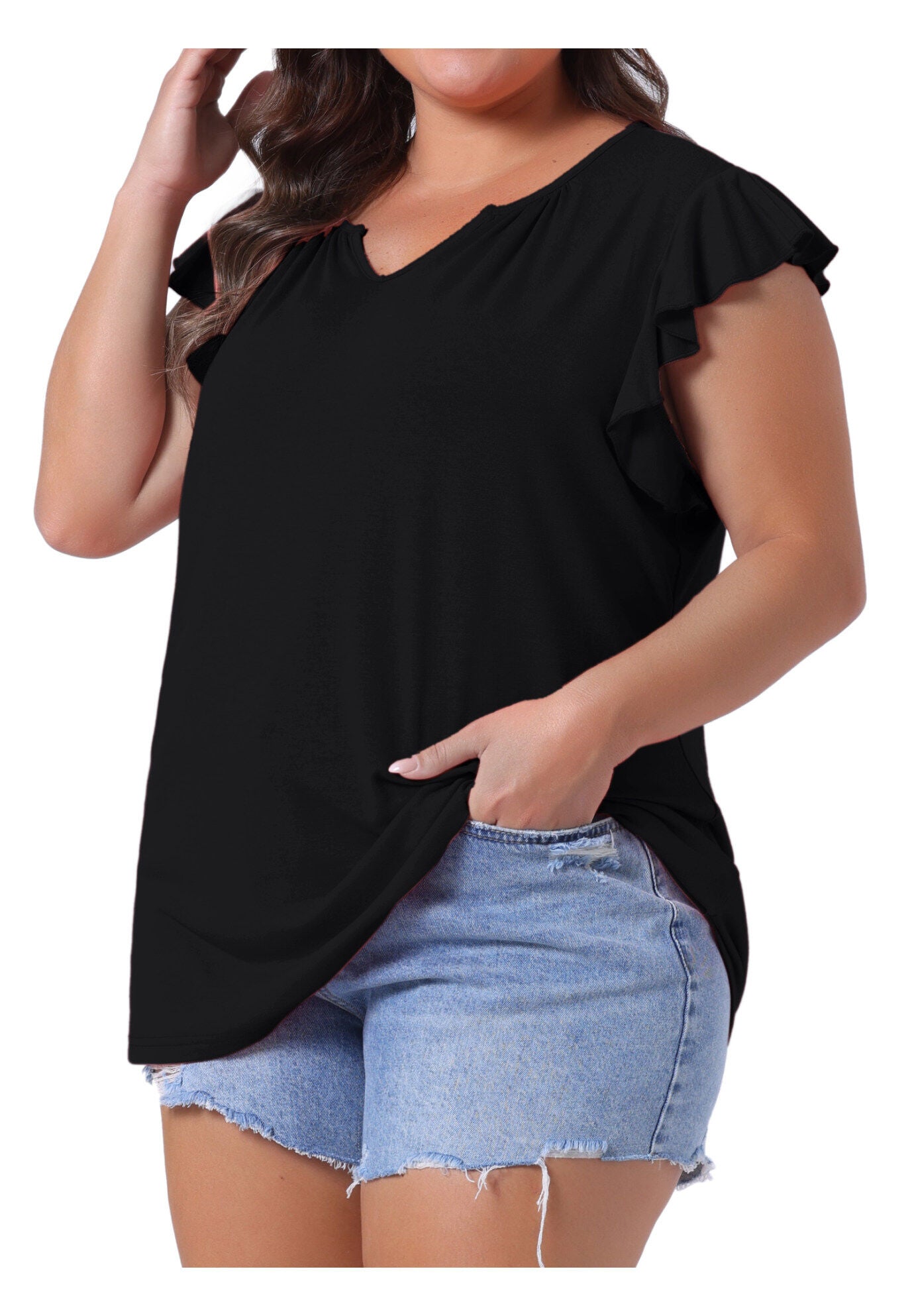 V Neck Ruffle Sleeveless Summer Blouse Top, Black / Black, alternate image number 1