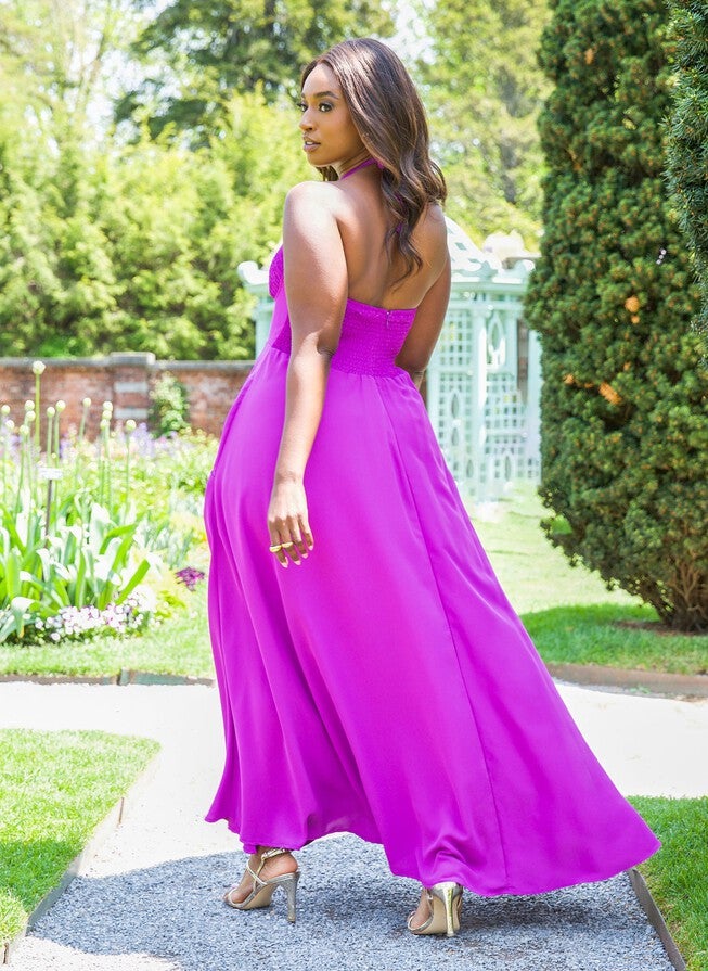 JILLIAN SMOCKED HALTER MAXI A LINE DRESS, Purple / Purple, alternate image number 4