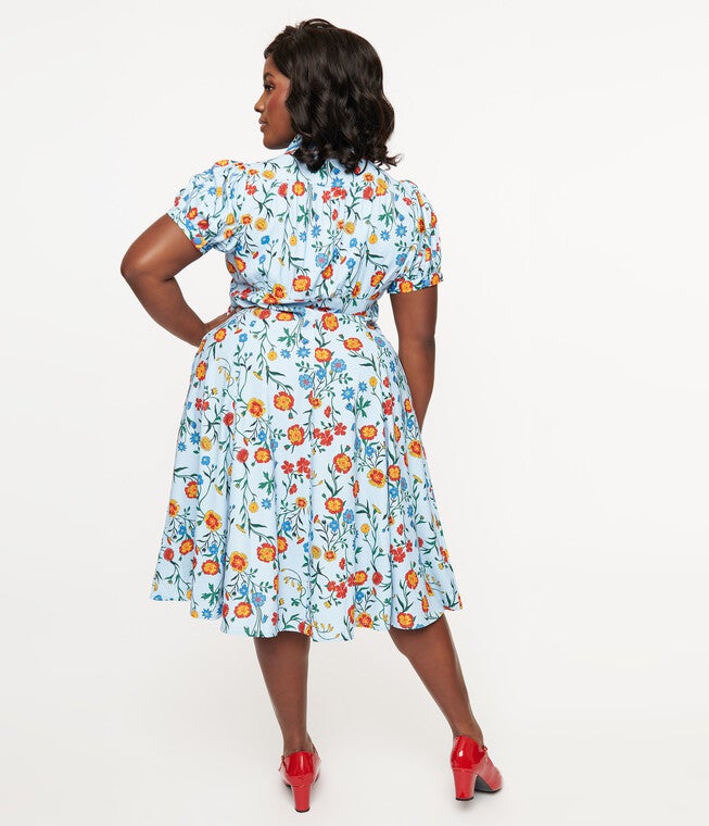 Unique Vintage 1950s Blue Floral Fit & Flare Dress, Blue Floral / Light Blue, alternate image number 2