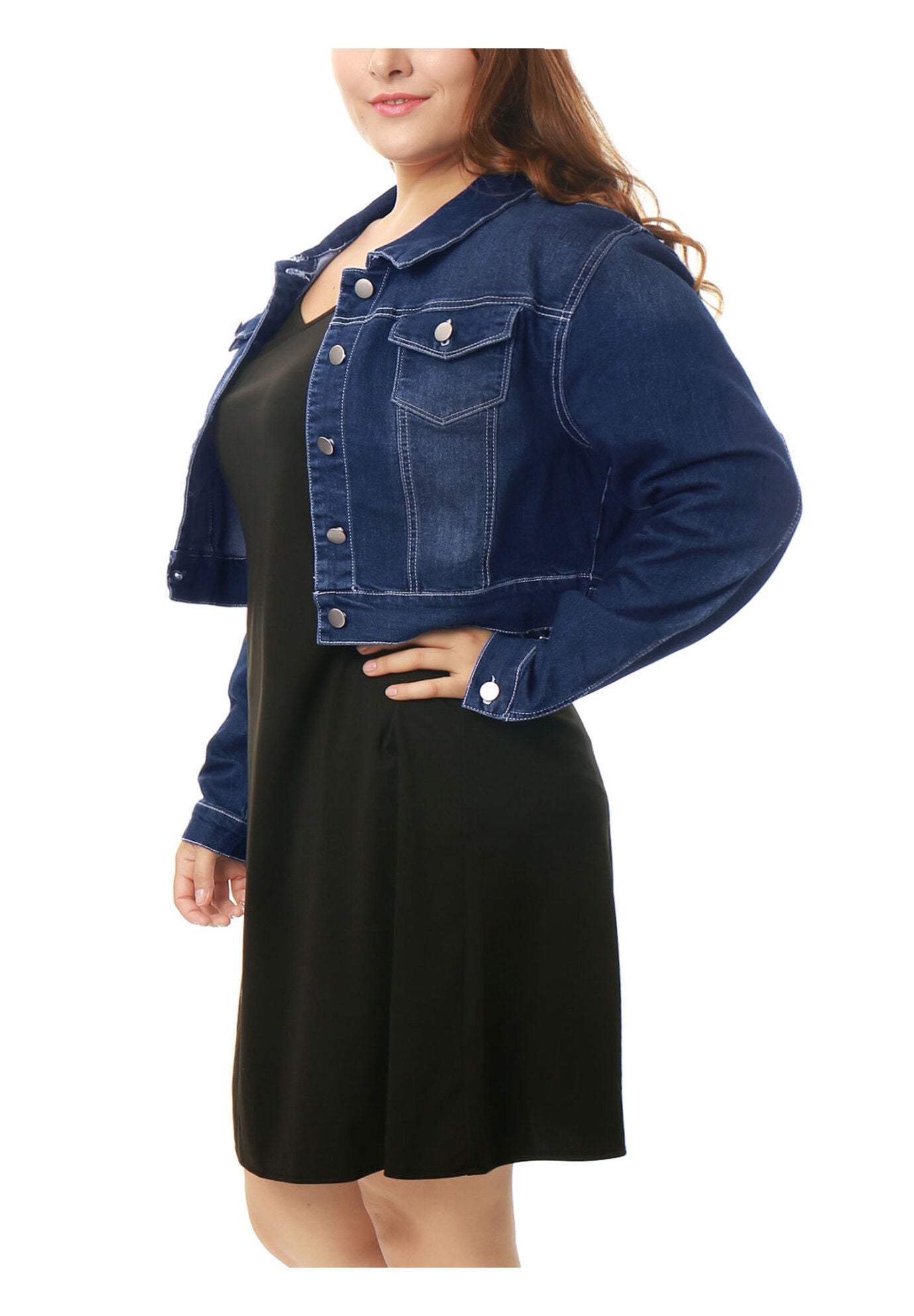 BUTTON CLOSED CROPPED DENIM JACKET, Dark Blue / Navy, alternate image number 3