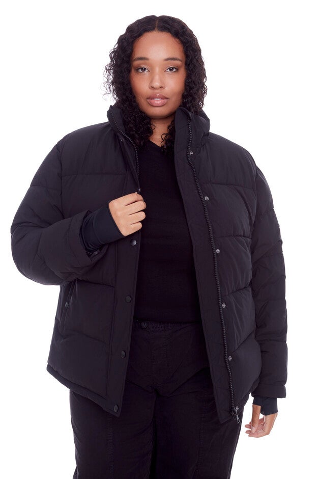 Women's Plus Size - FORILLON | Vegan Down Recycled Short Quilted Puffer Jacket, Black / Black, hi-res image number 0