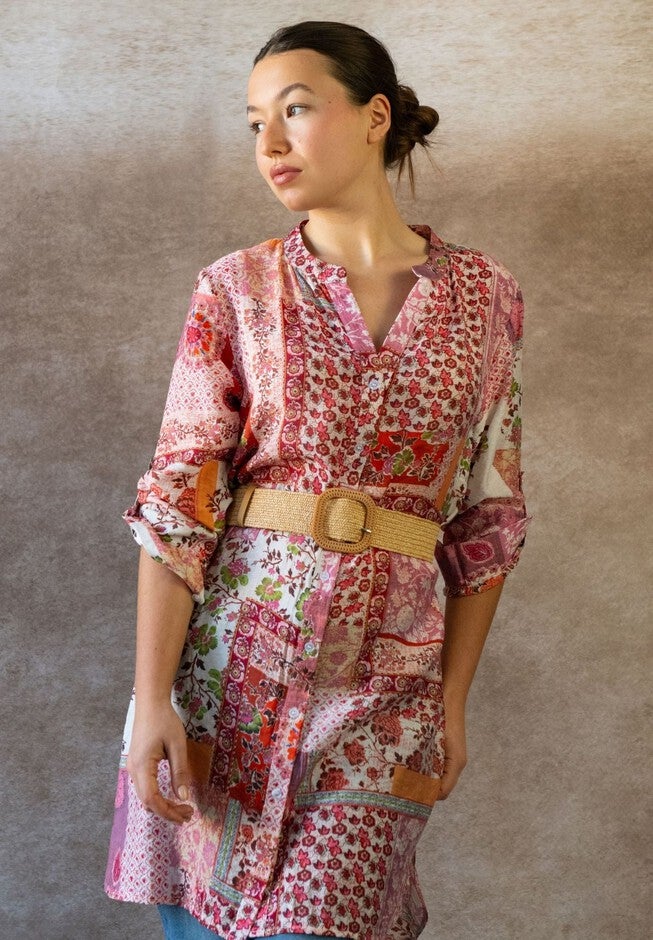 Annick- Lara Patchwork Print Boho Tunic Shirt Dress Long Sleeves, White / Pink, alternate image number 2