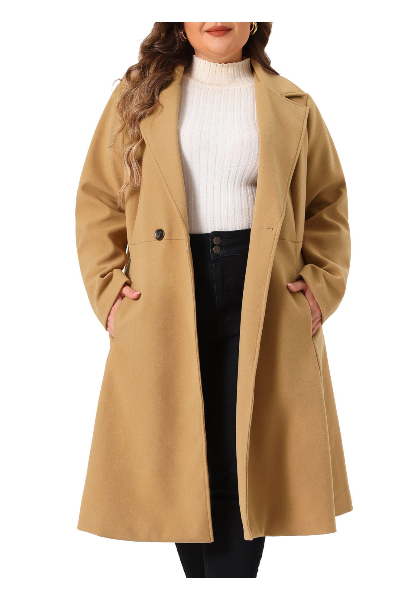 Notch Lapel A Line Double Breasted Trench Dress Pea Coat, Camel / Brown, alternate image number 3