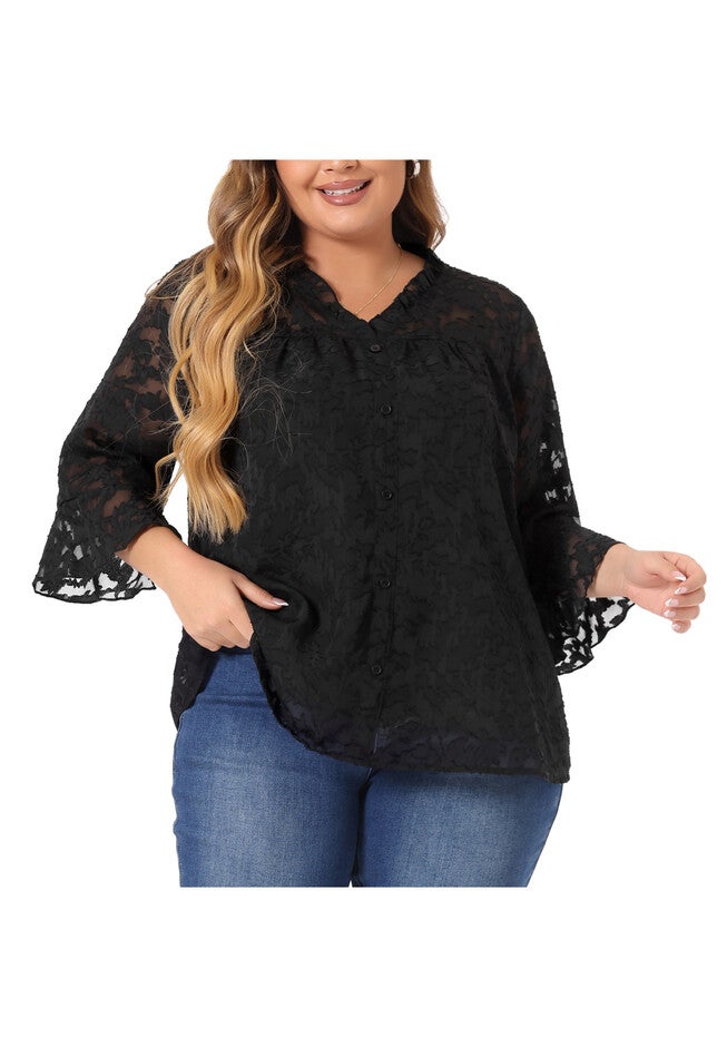 Ruffle V Neck 3/4 Bell Sleeve Semi Sheer Blouse, Black / Black, alternate image number 2