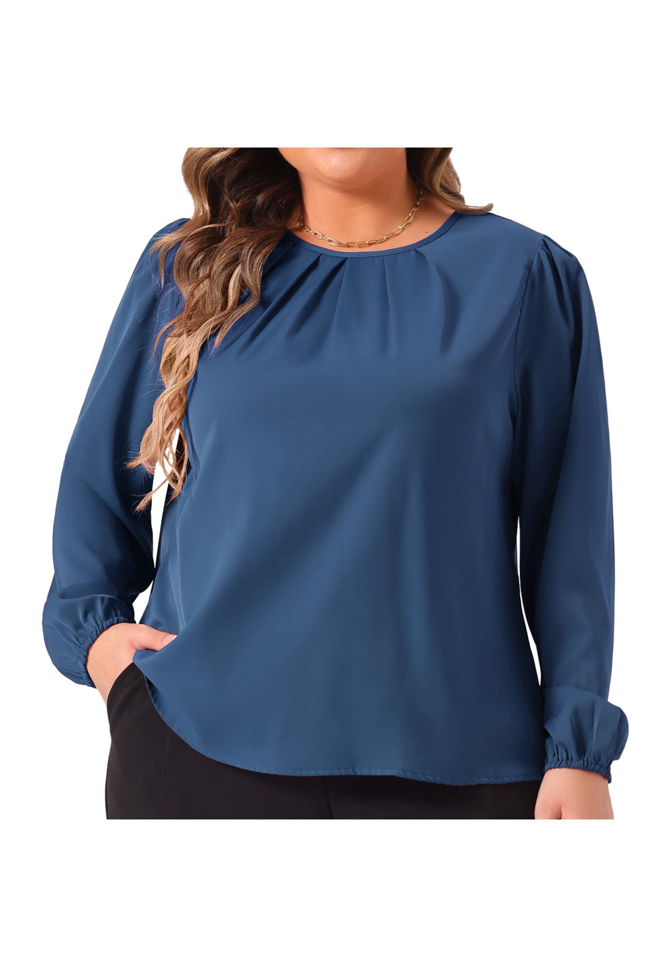Crew Neck Pleated Work Office Long Sleeve Blouse, Blue / Dusty Blue, alternate image number 2