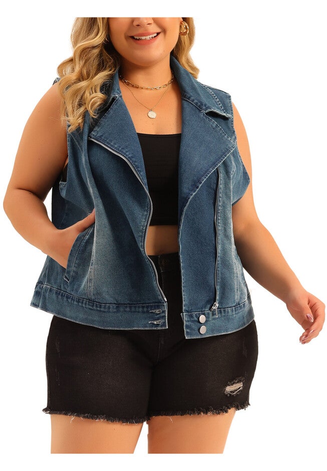 Zipper Sleeveless Motorcycle Washed Denim Vest, Blue / Chambray Denim Medium, alternate image number 2