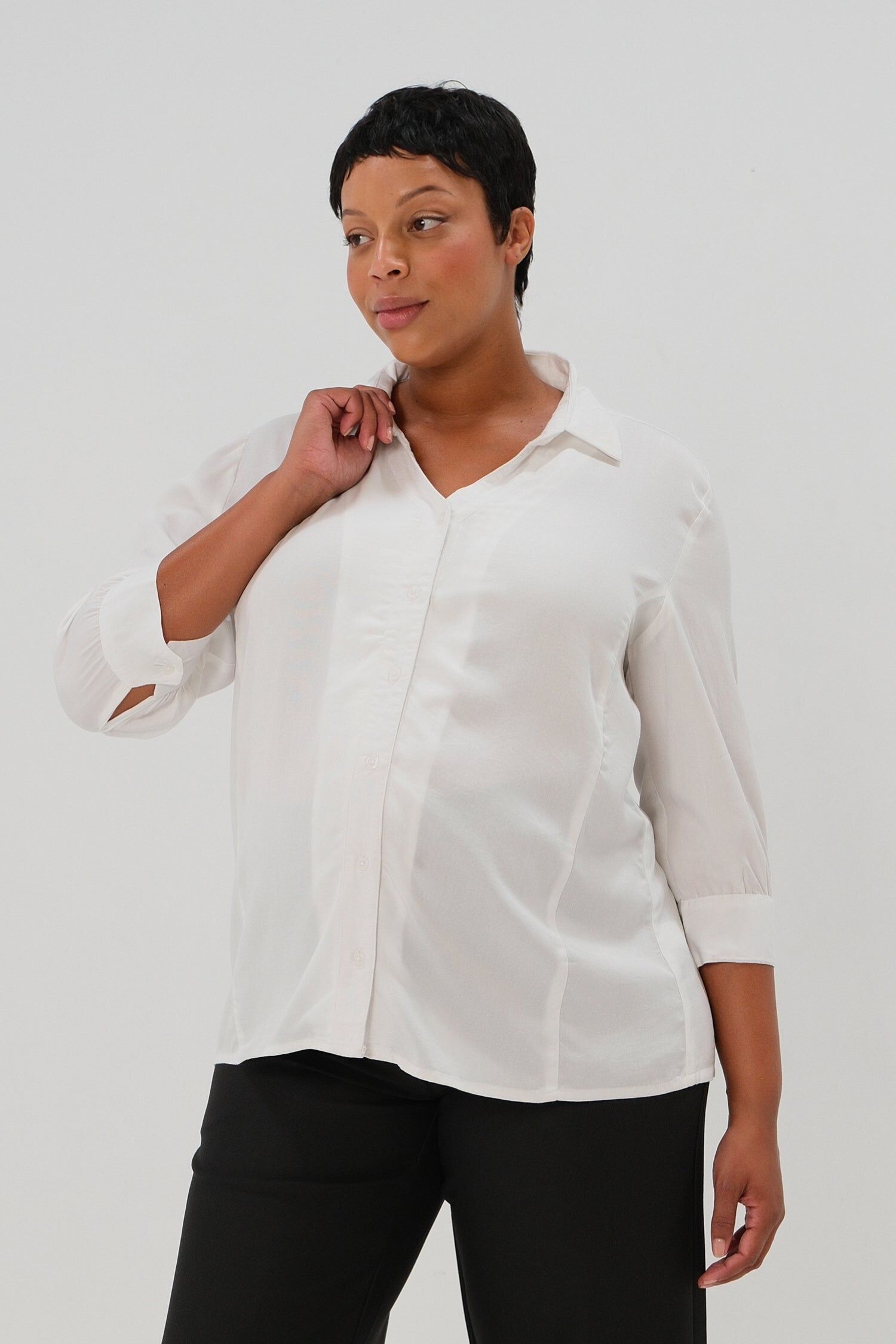 MARION Women's No-Gap 3/4 Sleeve Maternity & Nursing Button Down Shirt in with Bra Concealing Design in TENCEL, White / White, alternate image number 1