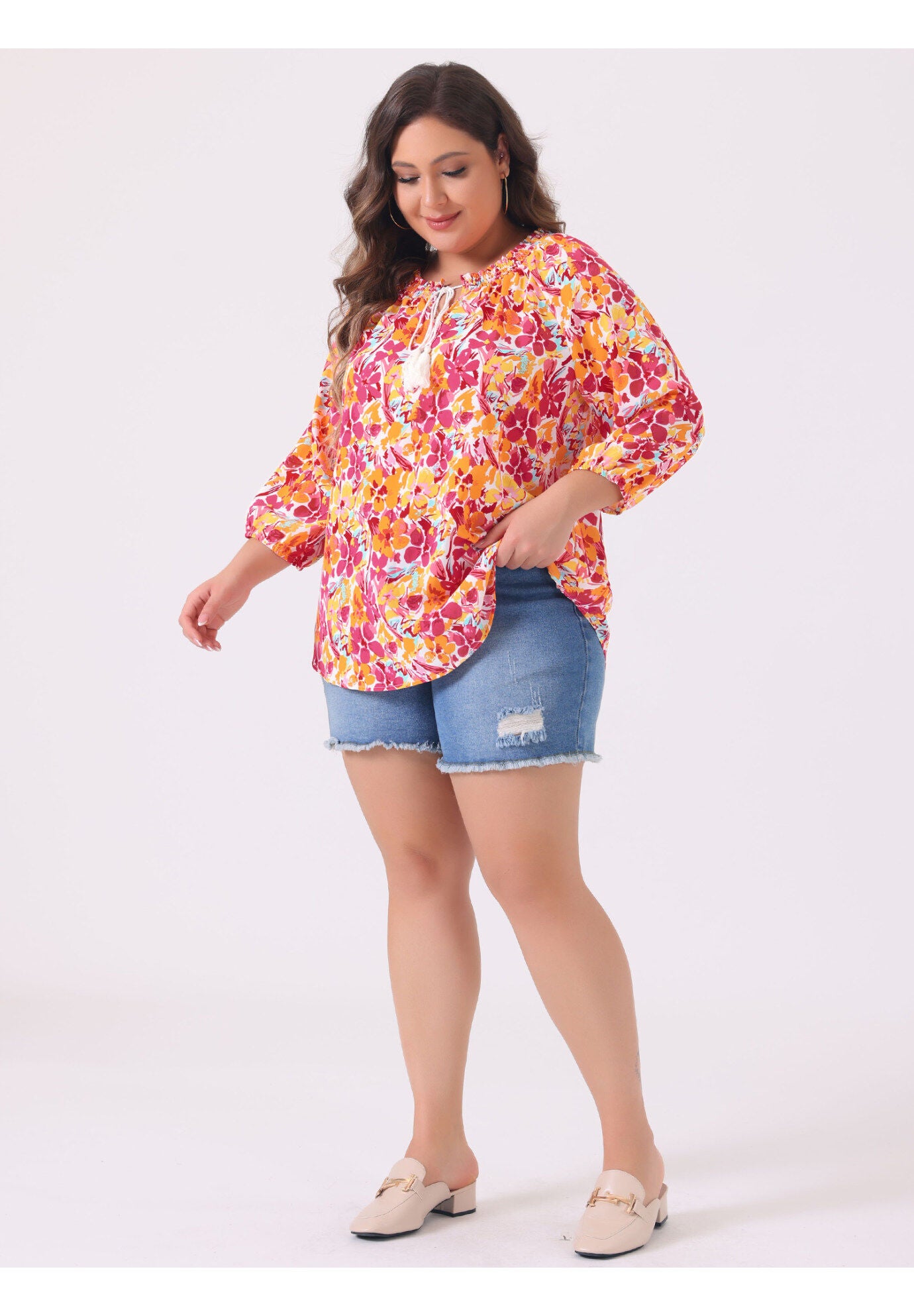 Floral Loose Top Tie 3/4 Sleeve Beach Tunic Blouse, Orange / Orange, hi-res image number 0