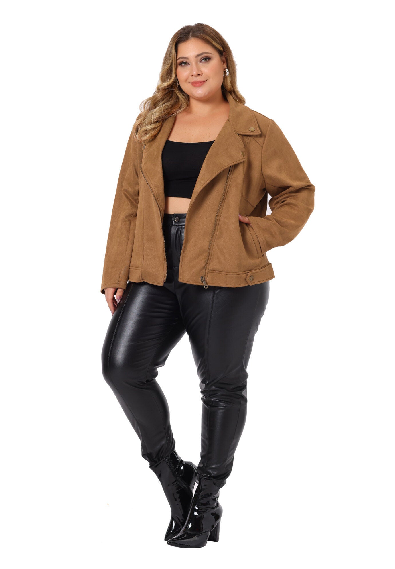 FAUX SUEDE ZIPPER CROP MOTO BIKER JACKET, Brown / Brown, hi-res image number 0
