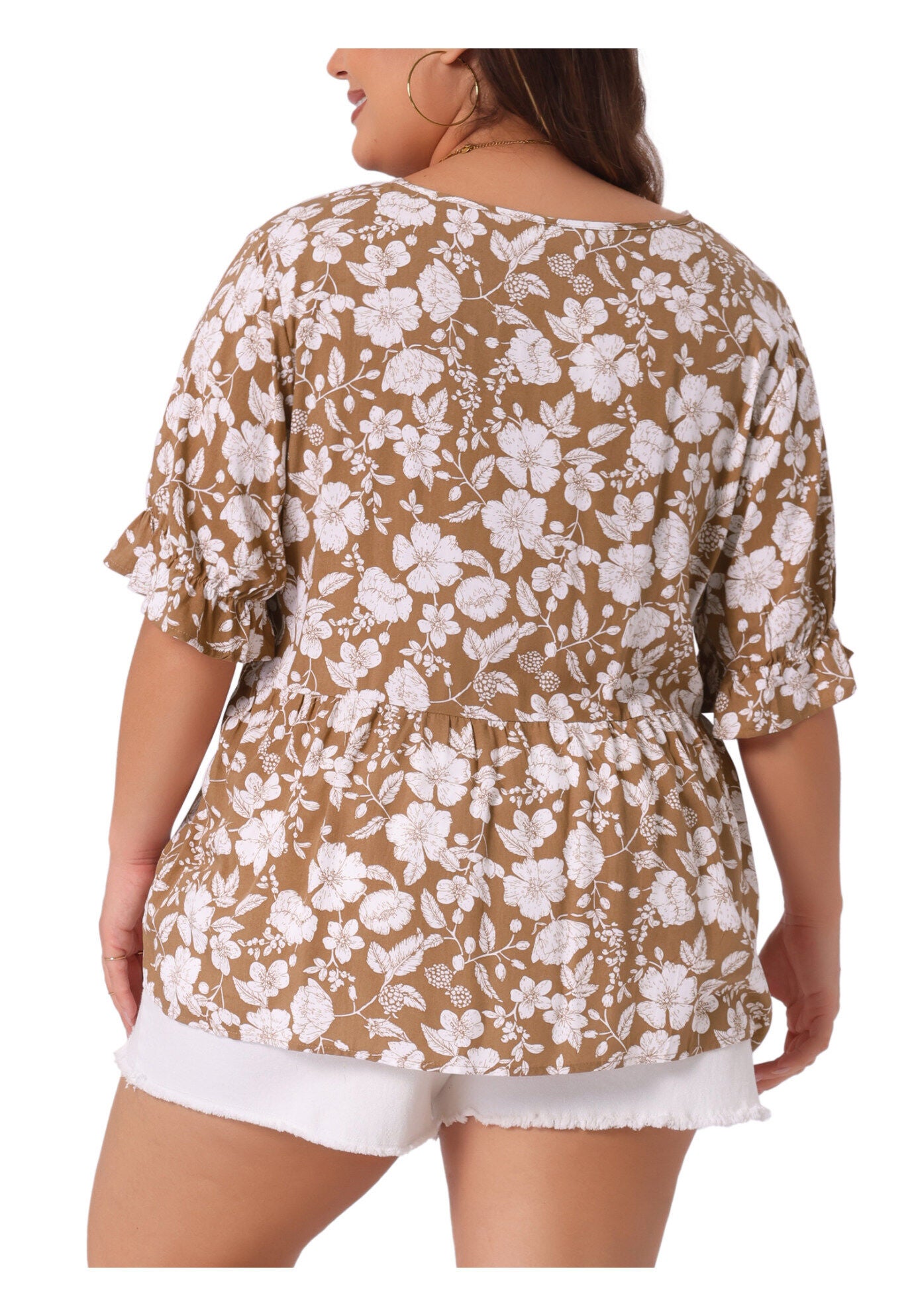 Floral Peplum Top V Neck Ruffle Short Sleeve Babydoll Blouse, Brown / Brown, alternate image number 3