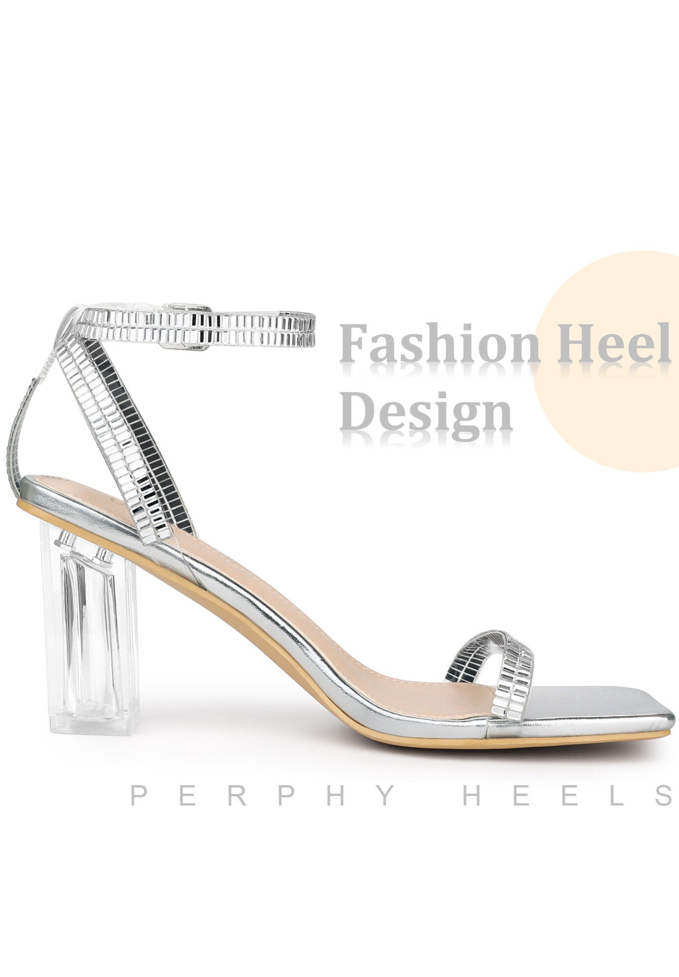 Square Toe Rhinestone Strap Clear Block Heels Sandals, Silver / Silver, alternate image number 3