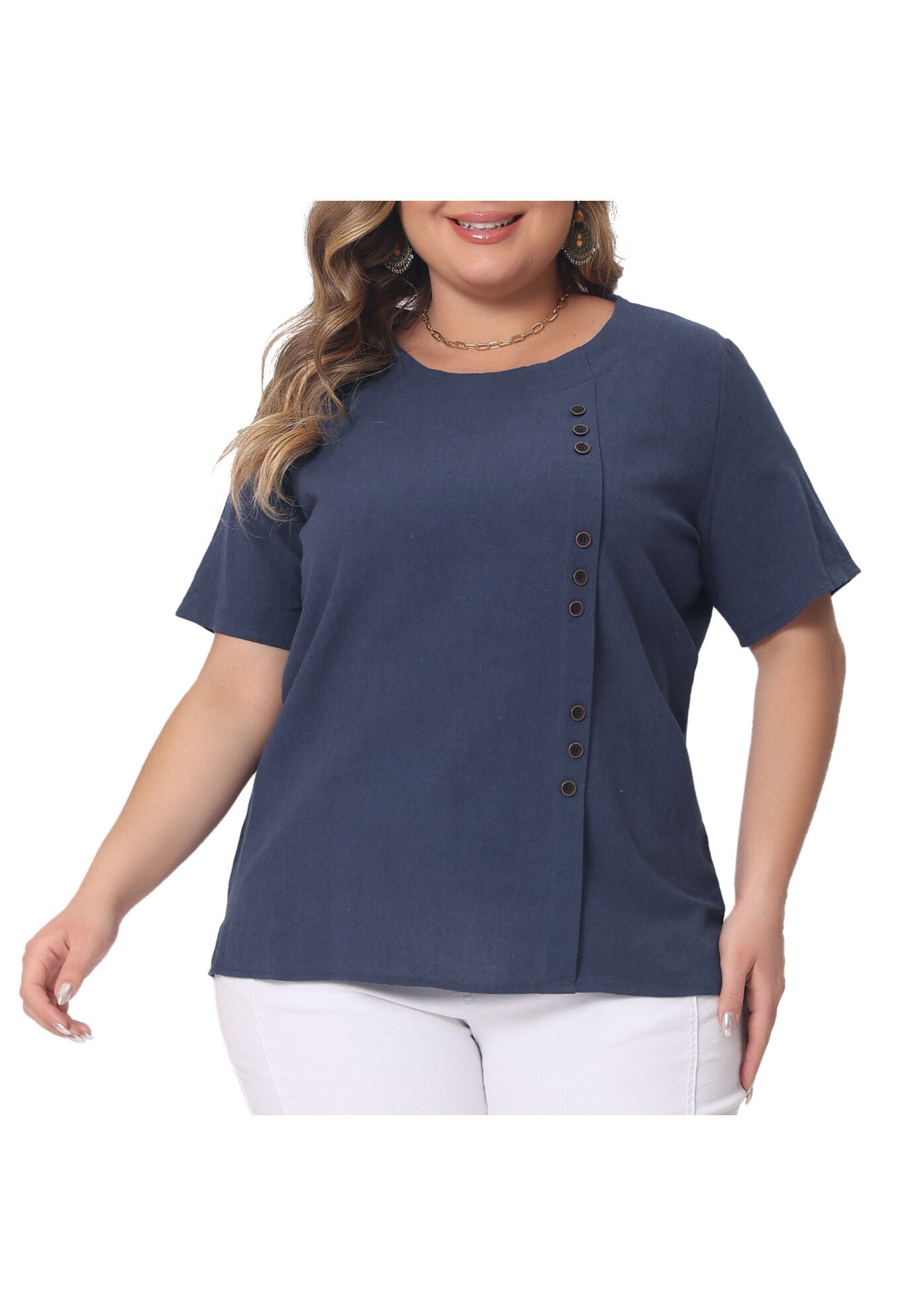 Short Sleeve Round Neck Cotton Linen T-Shirt Top, Navy Blue / Navy, alternate image number 2
