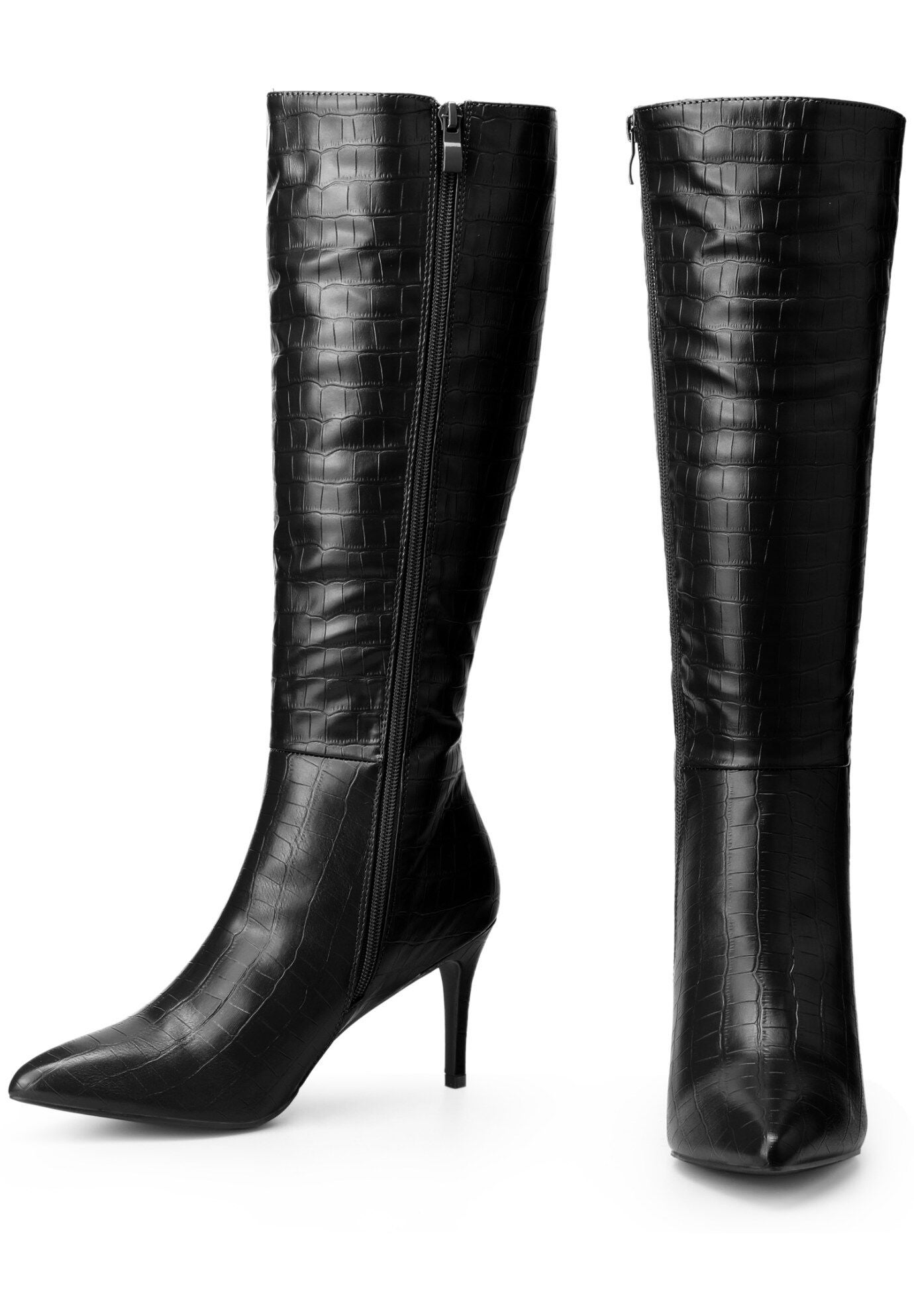 Stone Pattern Stiletto Heels Knee High Boots, Black / Black, alternate image number 2