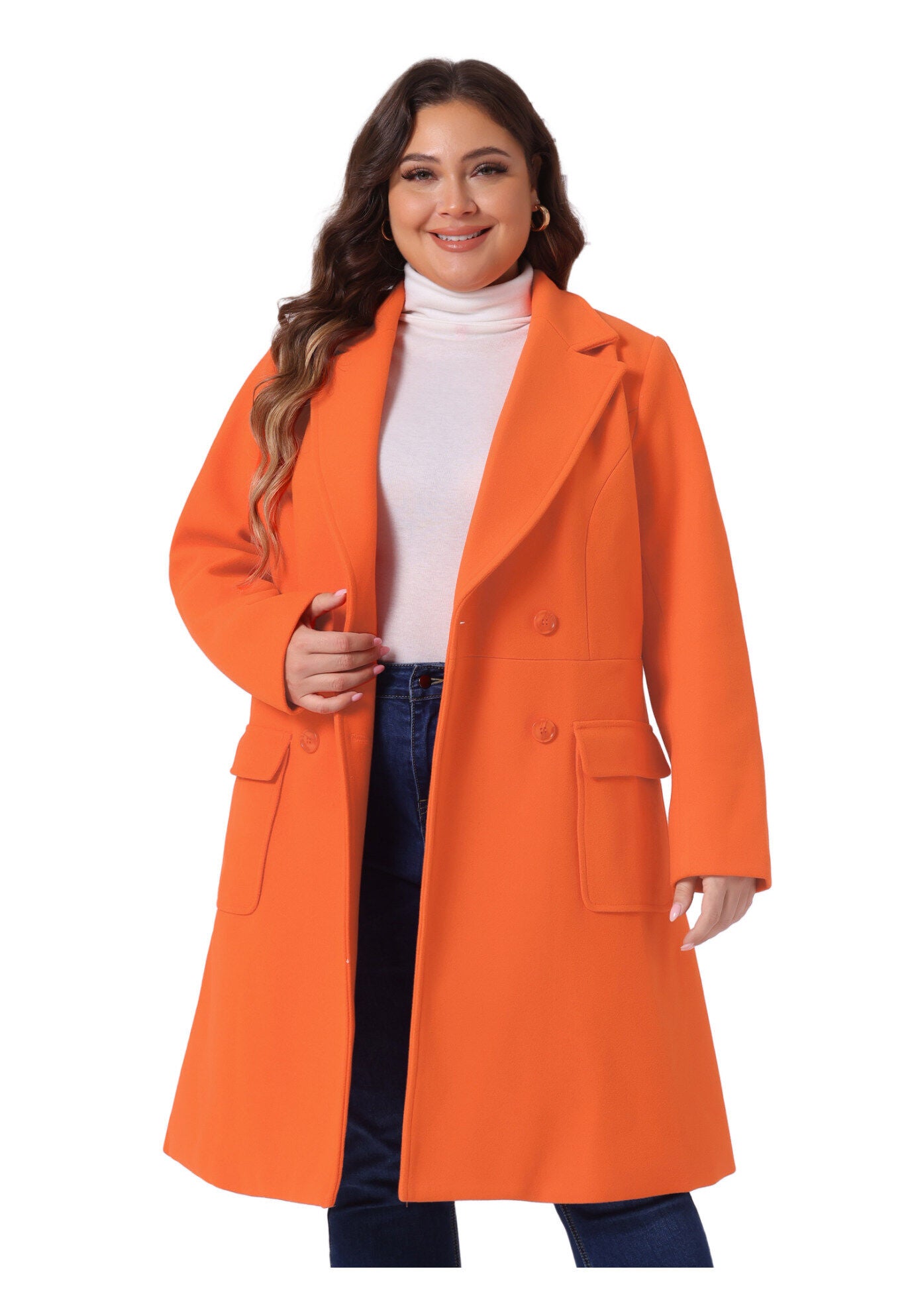 NOTCH LAPEL DOUBLE BREASTED PEA TRENCH COAT, Orange / Orange, alternate image number 2