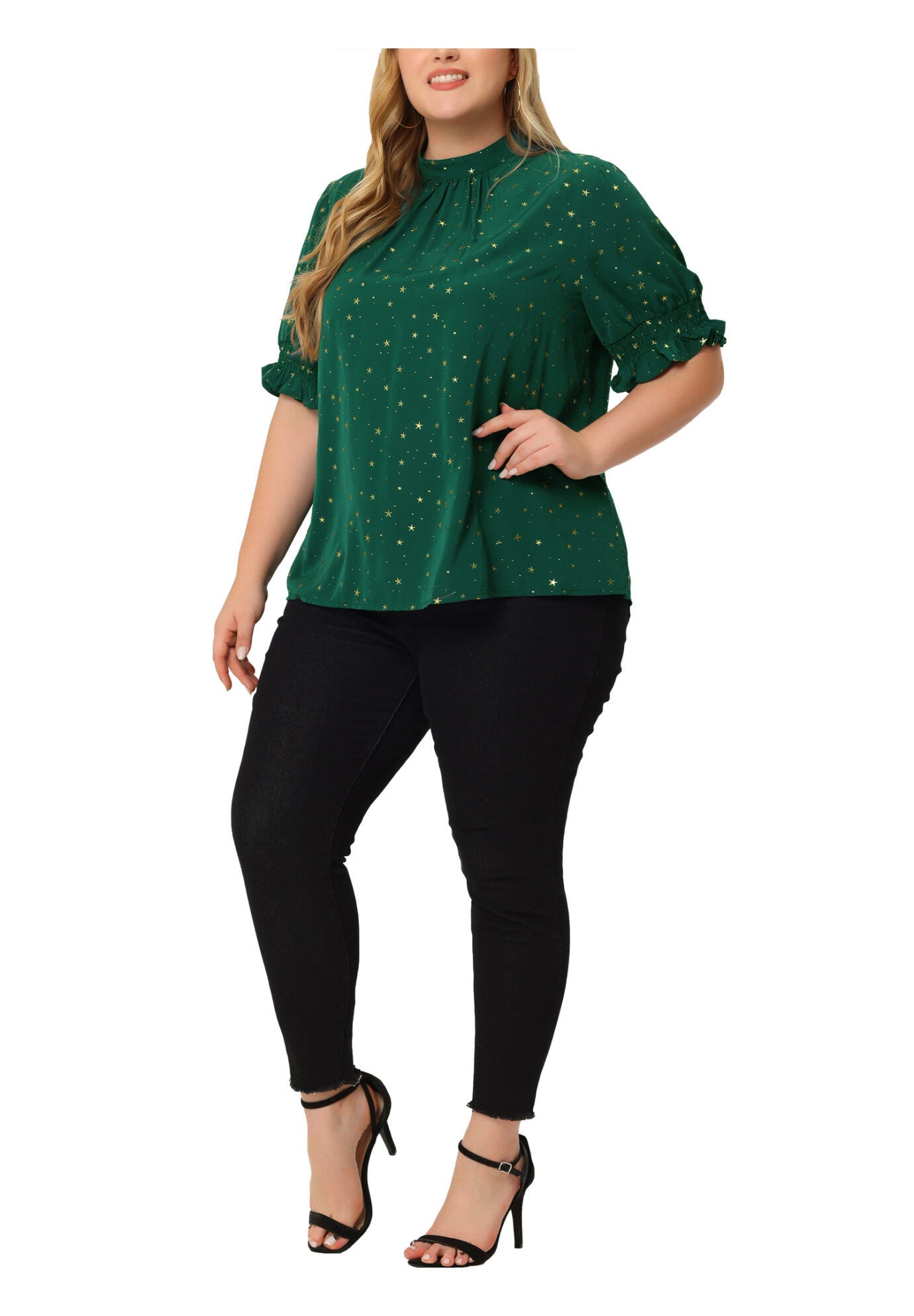 Pleated Mock Neck Star Print Puff Sleeve Blouse Top, Green / Forest Green, alternate image number 1