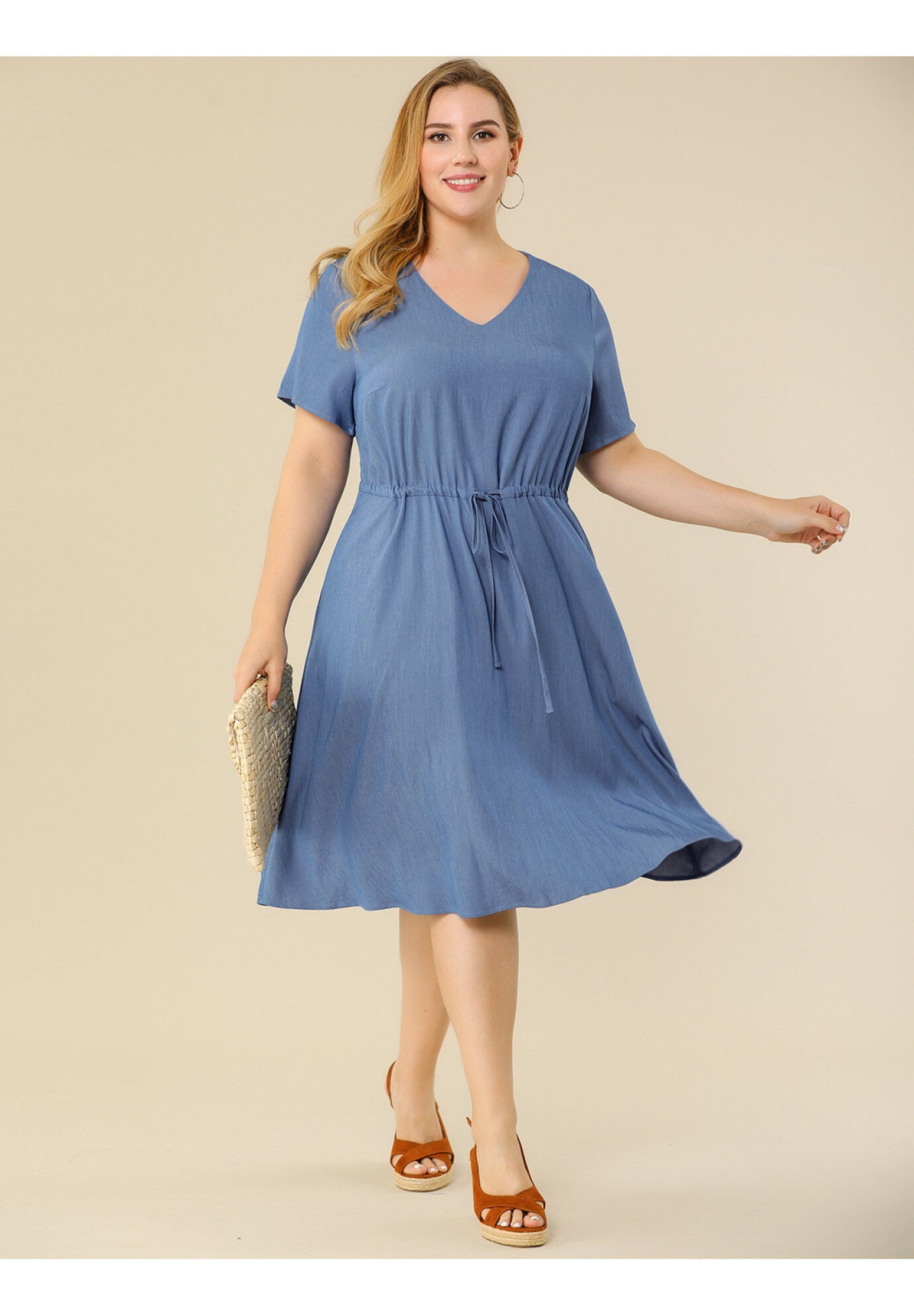 V Neck Short Sleeve A Line Flowy Midi Chambray Dress, Blue / Dusty Blue, hi-res image number 0