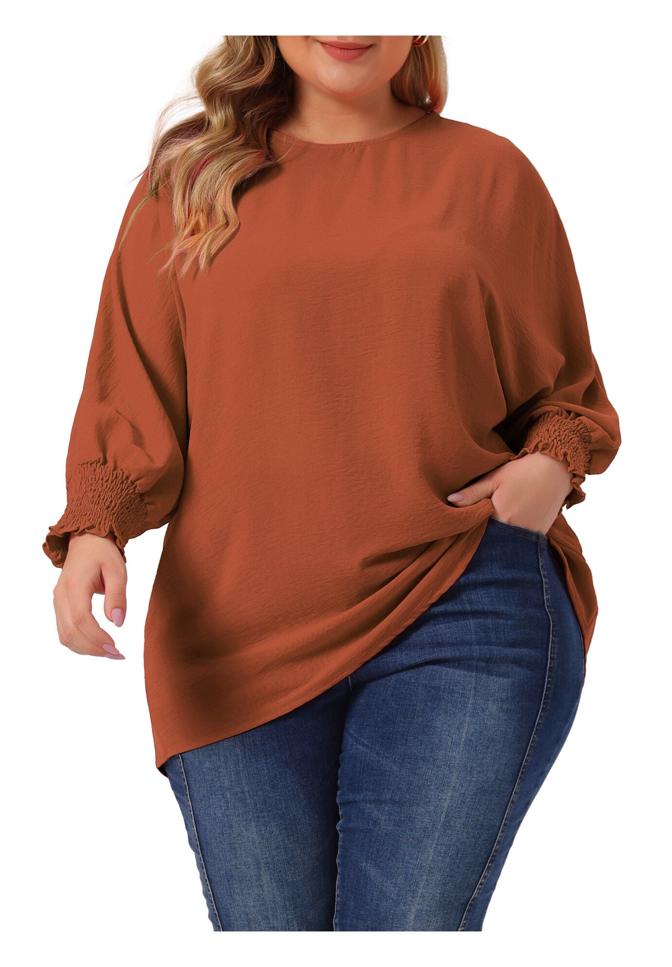 Chiffon Top Batwing Ruffle Long Sleeve Loose T-Shirt Blouse, Caramel / Brown, alternate image number 2