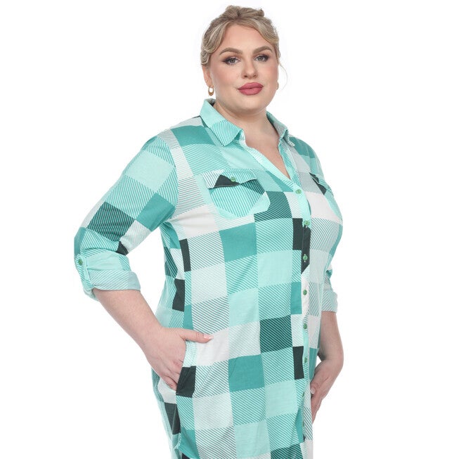 Plaid Button Down Tunic Shirt, Green White / Light Green, alternate image number 4