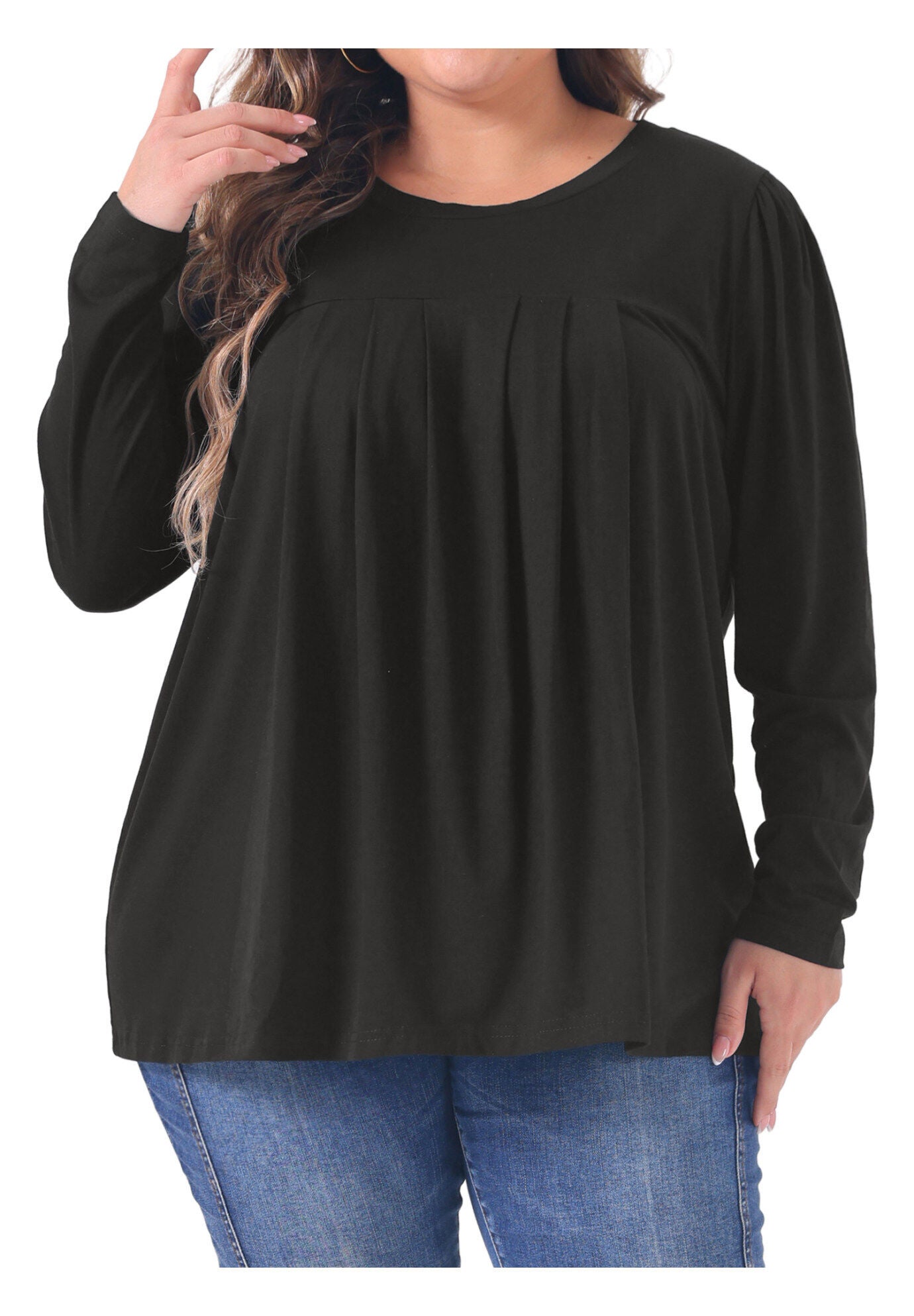 Pleated Crew Neck Blouses Casual Loose Top, Black / Black, alternate image number 2