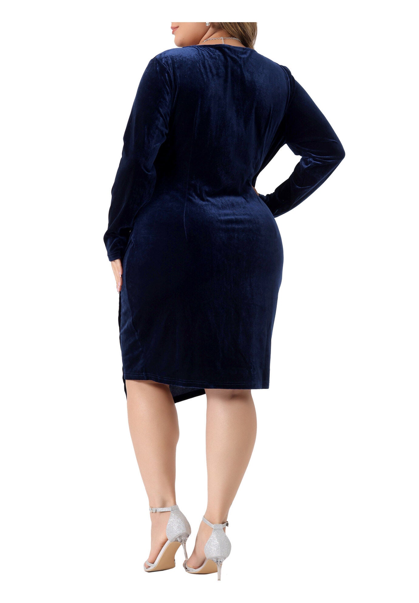 Long Sleeve Velvet Bodycon Wrap V Neck Ruched Cocktail Dress, Dark Blue / Navy, alternate image number 3