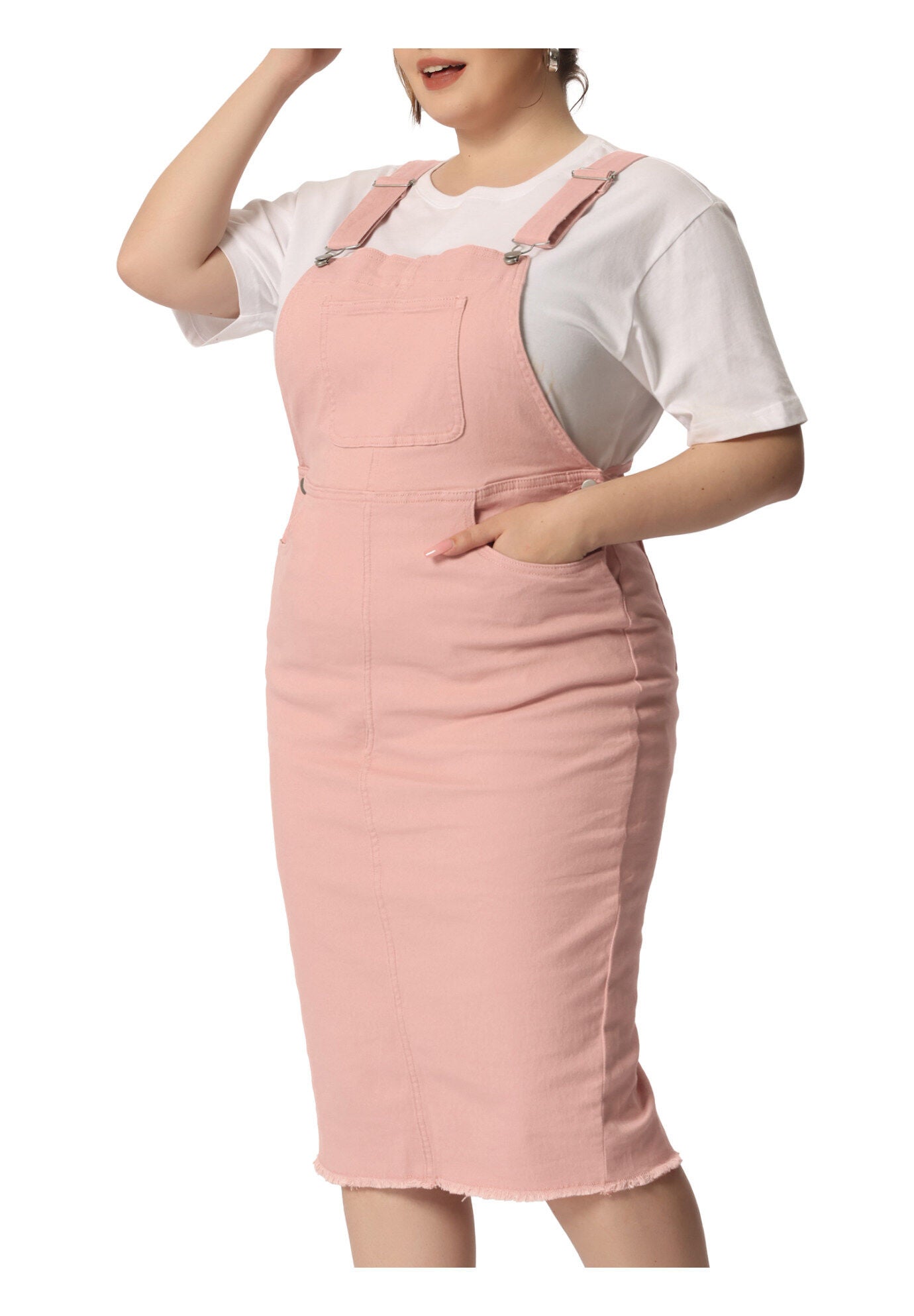 ADJUSTABLE STRAP BACK SLIT DISTRESSED DENIM OVERALL DRESS, Pink / Pink, alternate image number 2