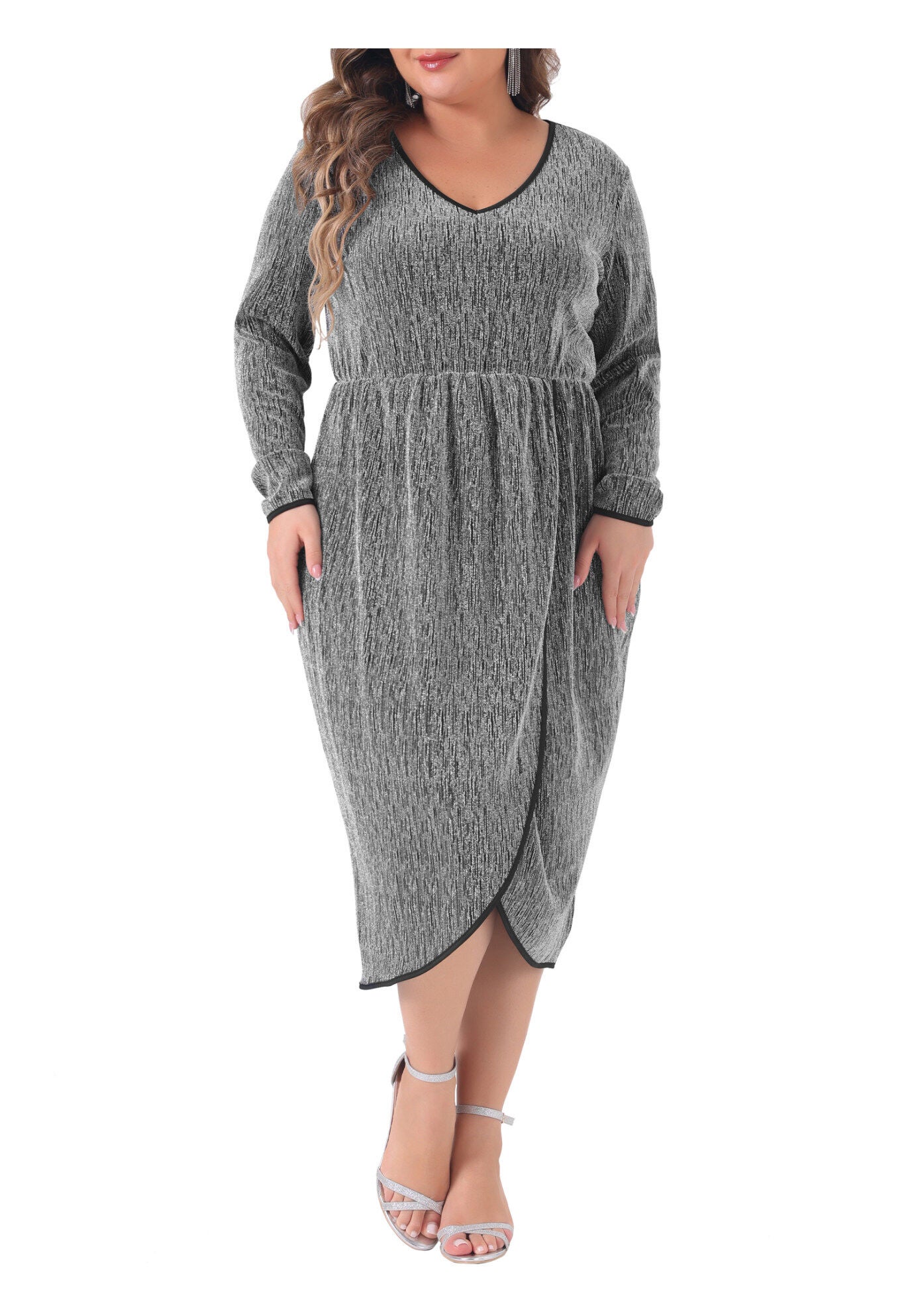 Sparkly Glitter V Neck High Slit Sequin Dress, Silver / Silver, alternate image number 1