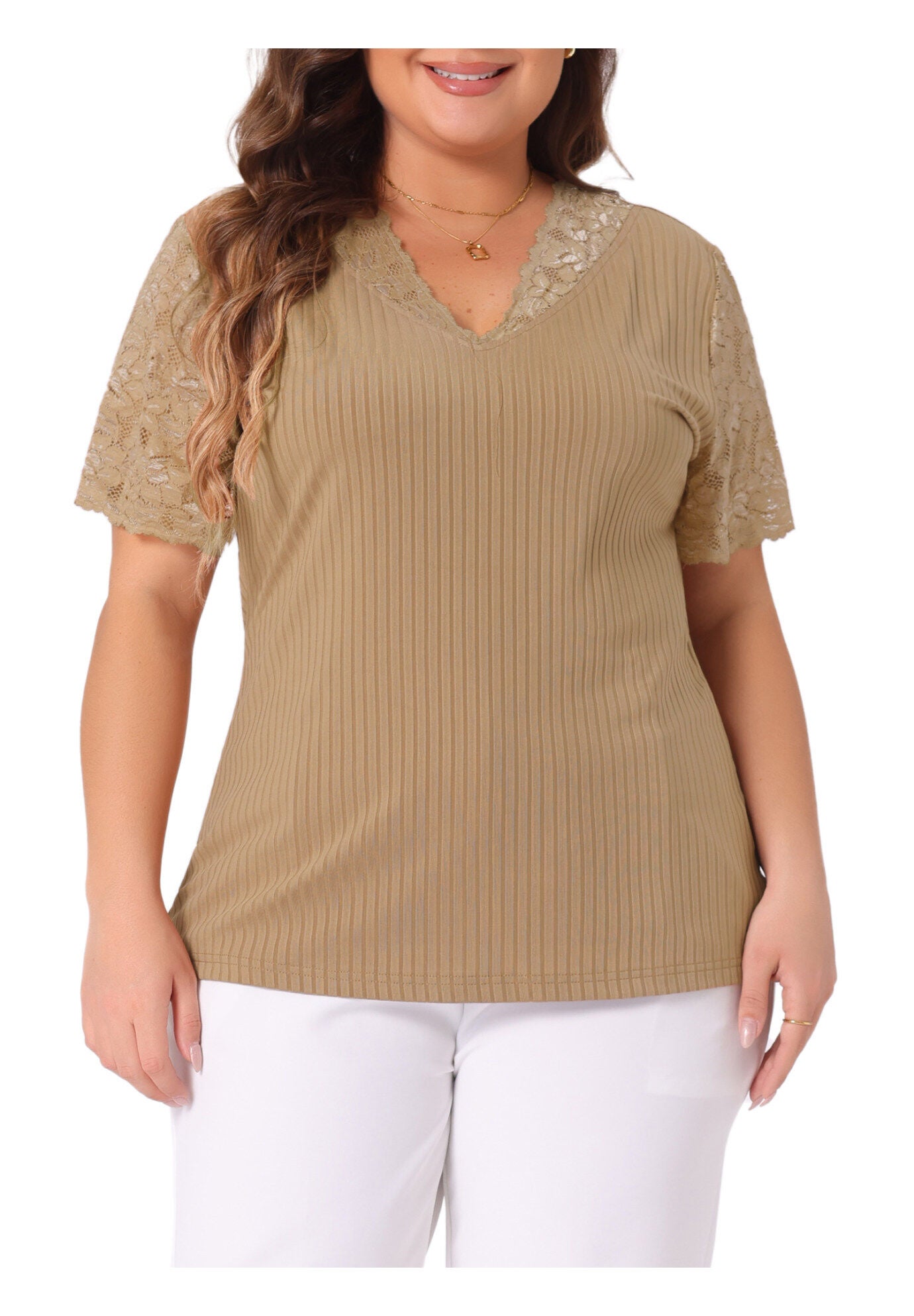 V Neck Short Sleeve Lace Ribbed Knit Tunic Top, Brown / Brown, alternate image number 1