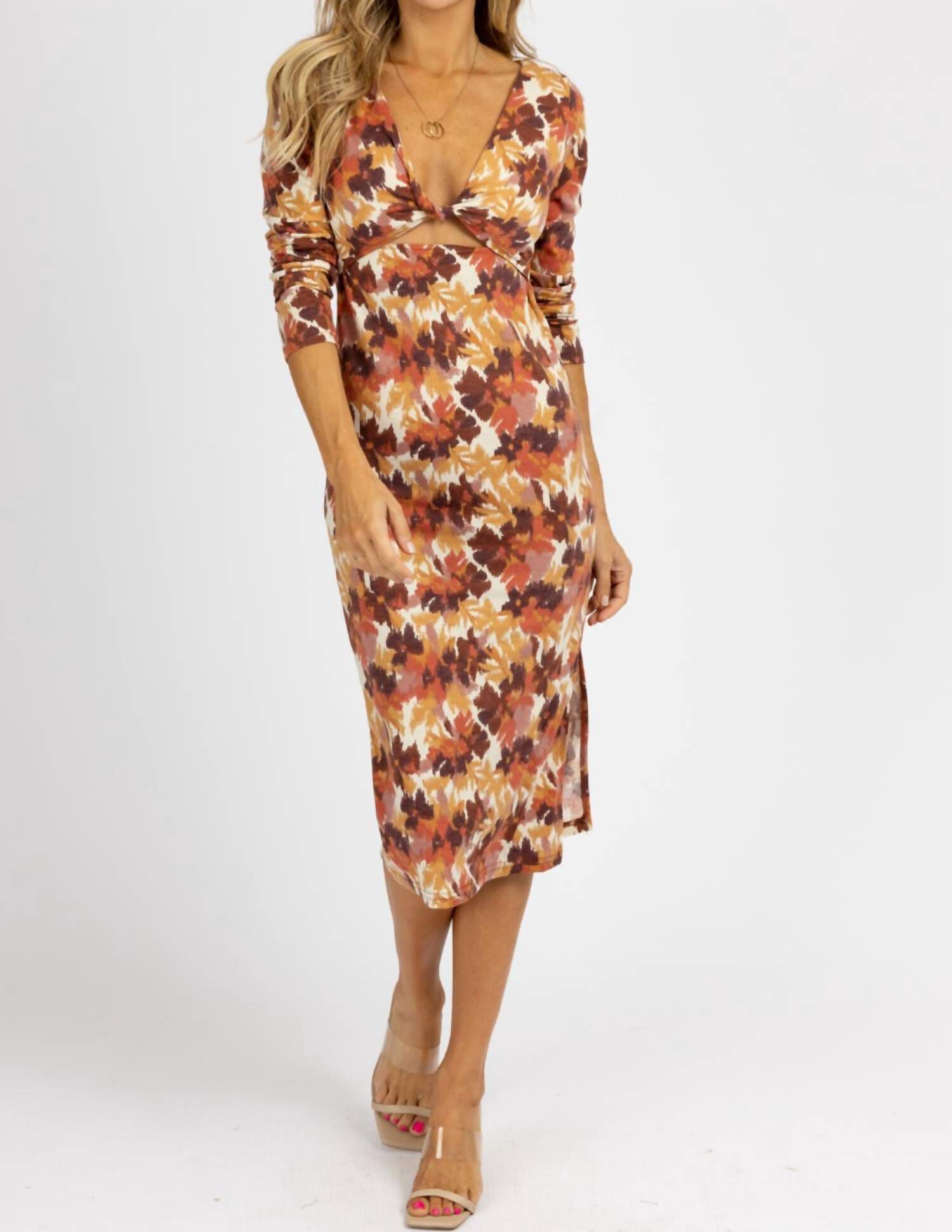 ECRU FRONT TWIST MIDI DRESS IN BROWN, , alternate image number 6