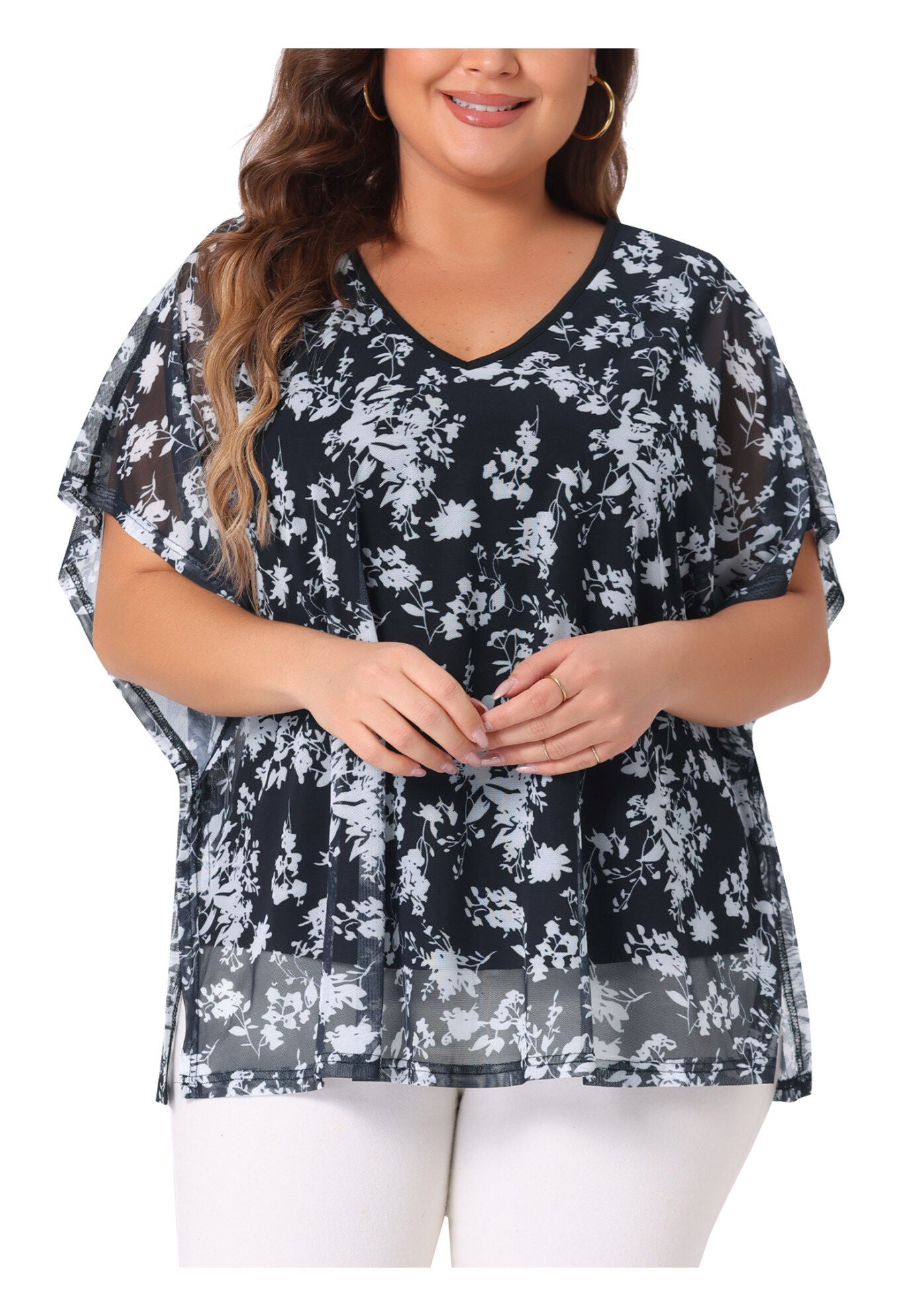 Floral Pattern Batwing Sleeve Beach Cover Loose Tunic Blouse, Black / Black, alternate image number 2