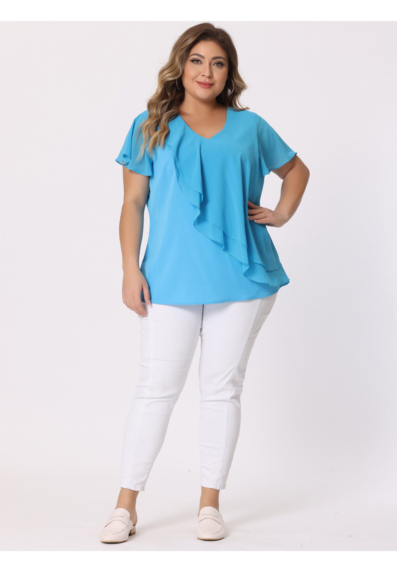 Flutter Sleeves Blouse V Neck Layer Chiffon Ruffle Top, Blue / Azure Blue, hi-res image number 0