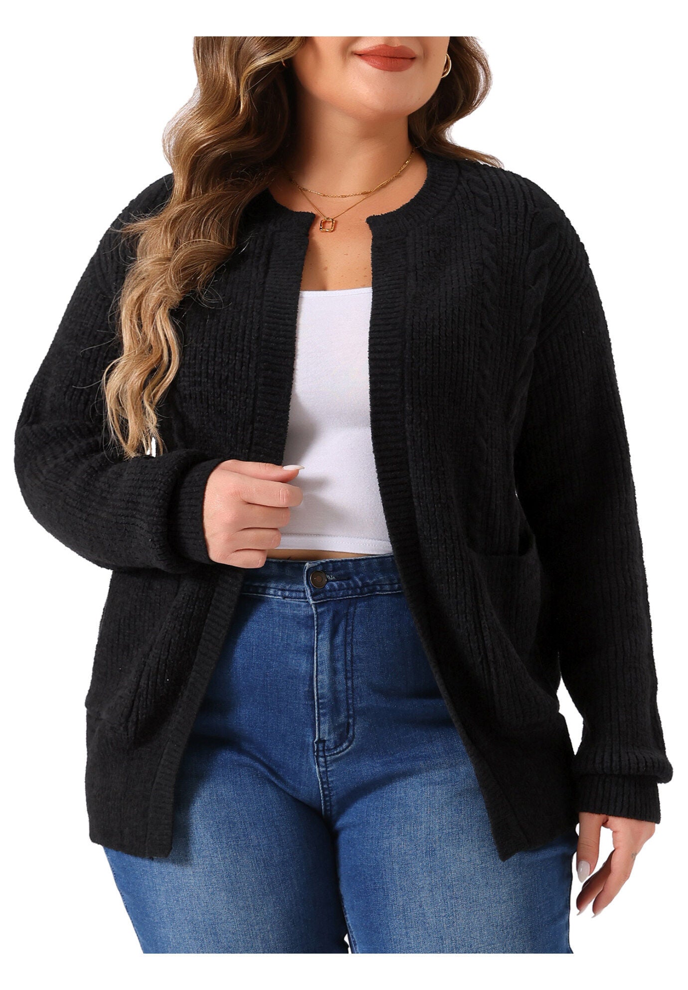 Long Sleeve Crew Neck Knit Cardigan Sweaters with Pockets, Black / Black, alternate image number 2