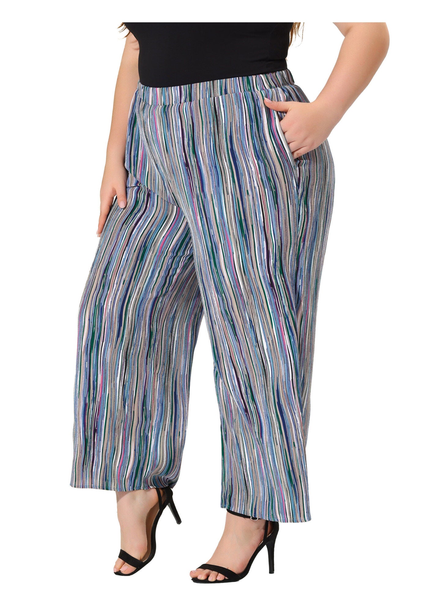STRIPE BOHO WIDE LEG PAPER BAG PALAZZO PANTS, Blue / Azure Blue, hi-res image number 0