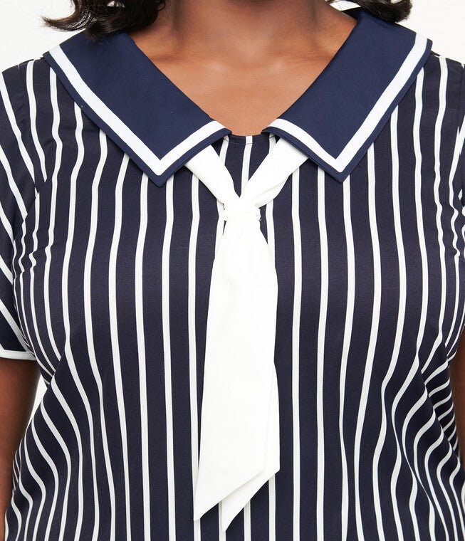Unique Vintage 1920s Navy & White Striped Flapper Dress, Navy White Striped / Navy, alternate image number 3