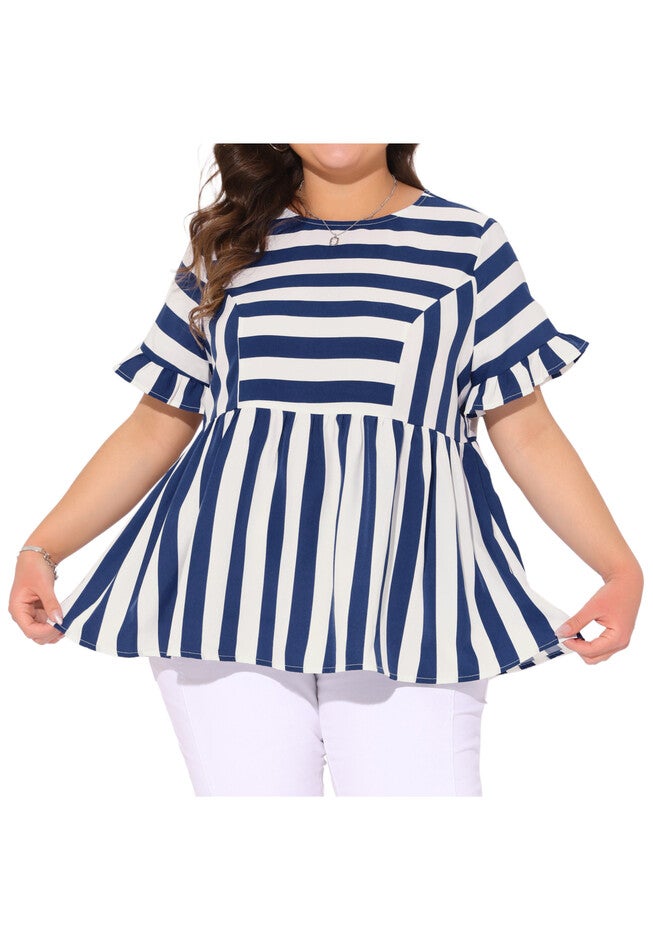 Loose Flowy Summer Babydoll Peplum Blouse, Blue White / Navy, alternate image number 2