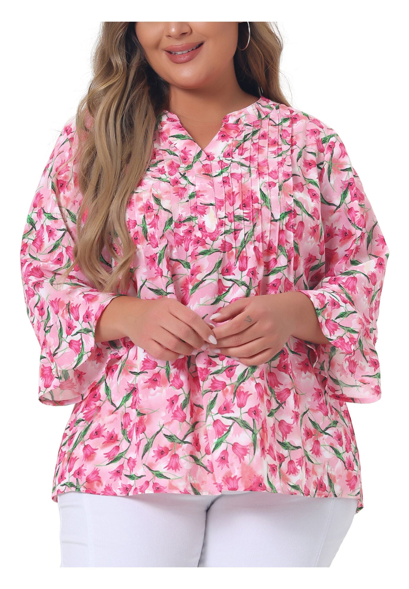Pleated Long Sleeves V Neck Floral Blouse Top, Dark Pink / Deep Fuchsia, alternate image number 2