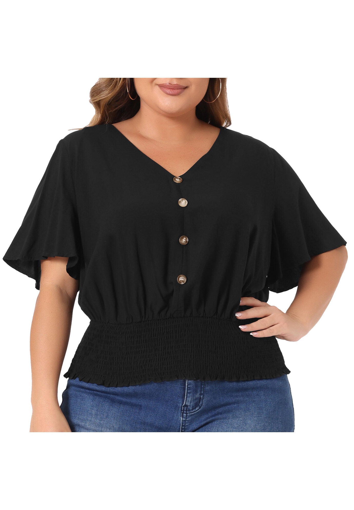 V Neck Button Up Short Sleeve Shirred Crop Shirt Blouse, Black / Black, alternate image number 2