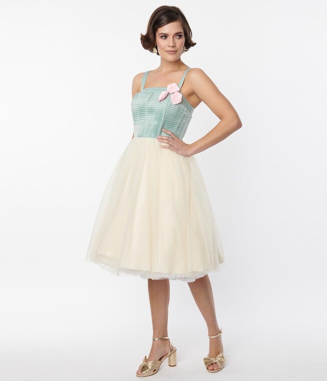 Unique Vintage Sage & Ivory Tulle Swing Dress, , alternate image number null