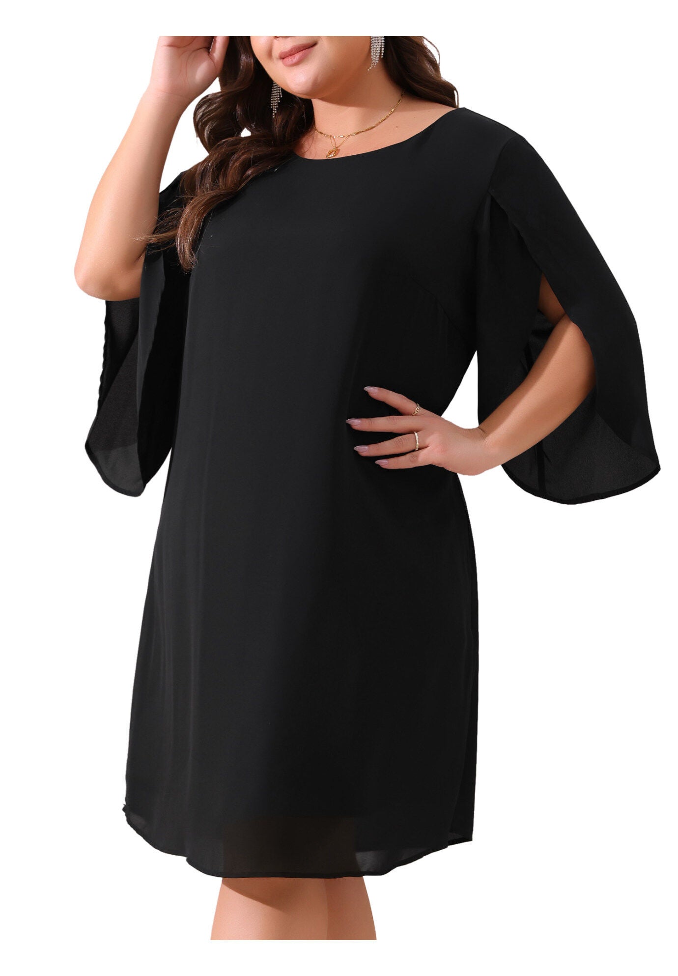 Crew Neck 3/4 Flutter Sleeve Cocktail Chiffon Dress, Black / Black, alternate image number 1