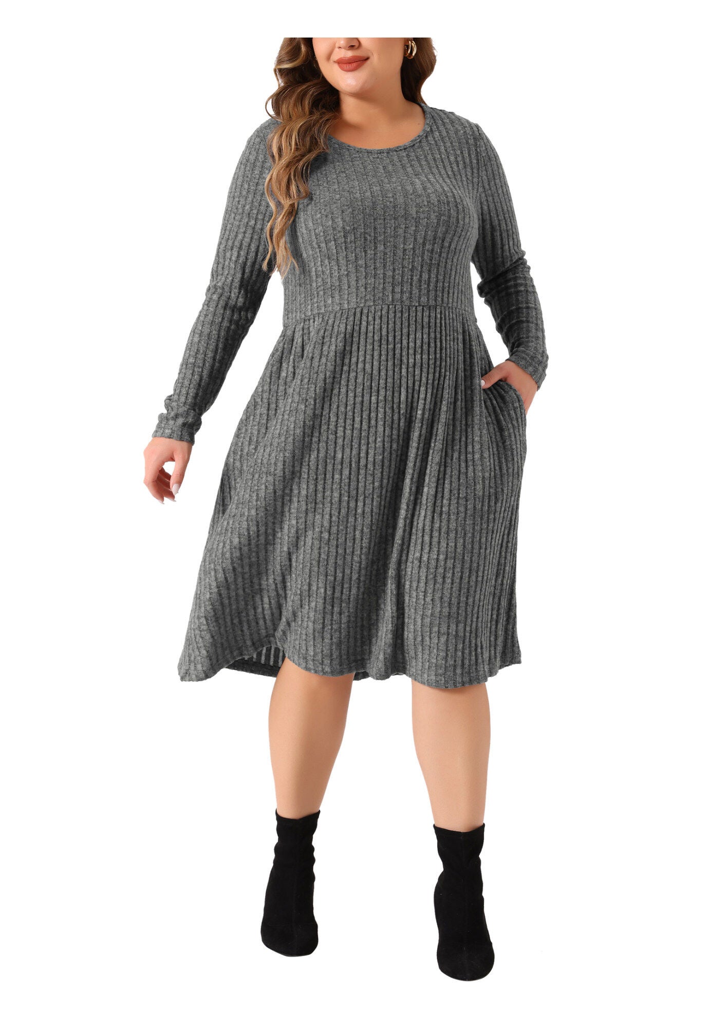 Round Neck Long Sleeve Elegant Ribbed Midi Knit Sweater Dress, Gray / Warm Grey, alternate image number 2