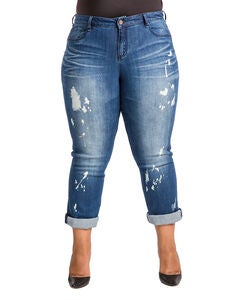 Plus Size Verla Boyfriend Jeans In Hurricane Wash W Bleach Spots & Rolled Cuffs