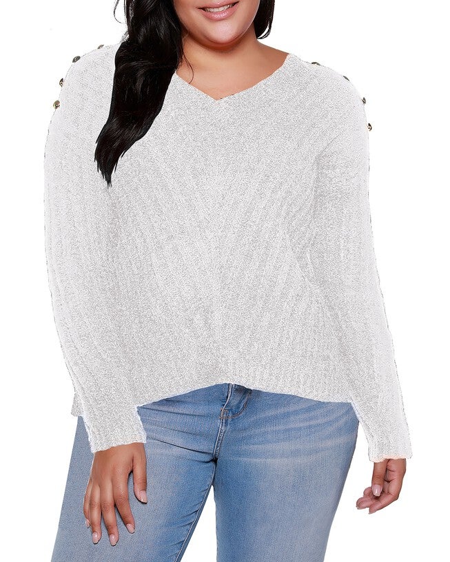 Plus Size V-Neck Rib Knit Sweater with Embellishment, Winter White / White, hi-res image number 0