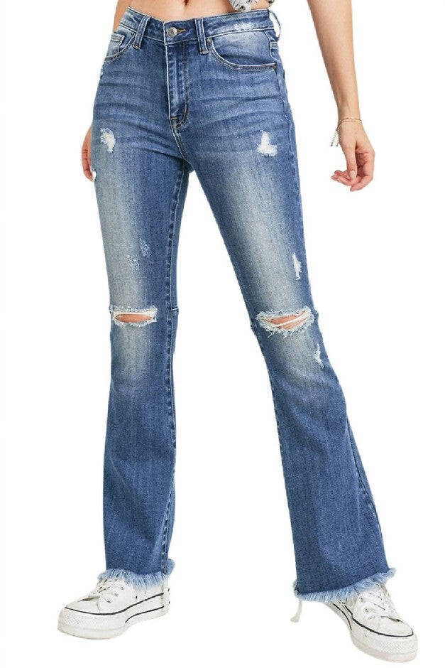 FLARE DISTRESSED KNEE HIGH RISE JEAN IN MEDIUM WASH, Medium Wash / Medium Wash, hi-res image number null