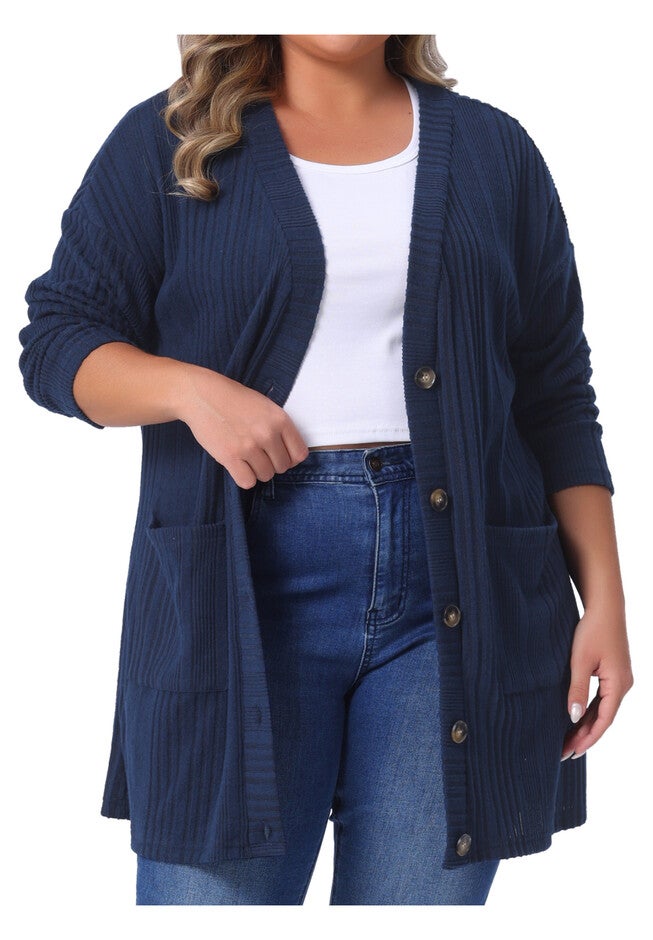 V Neck Long Sleeve Knit Cardigan with Pockets, Navy Blue / Navy, alternate image number 1