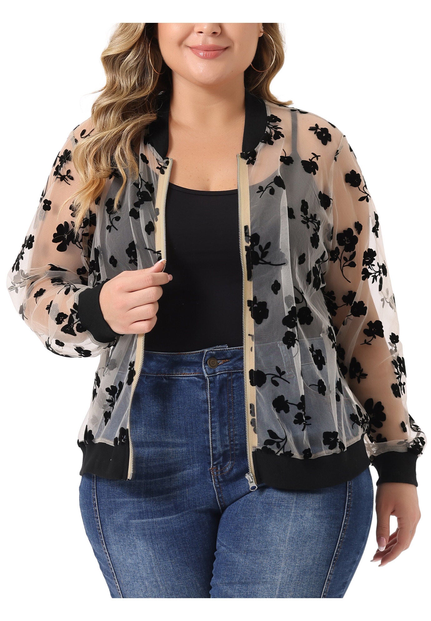 SHEER FLORAL LACE LONG SLEEVE BASEBALL JACKET, Apricot / Cream, alternate image number 2