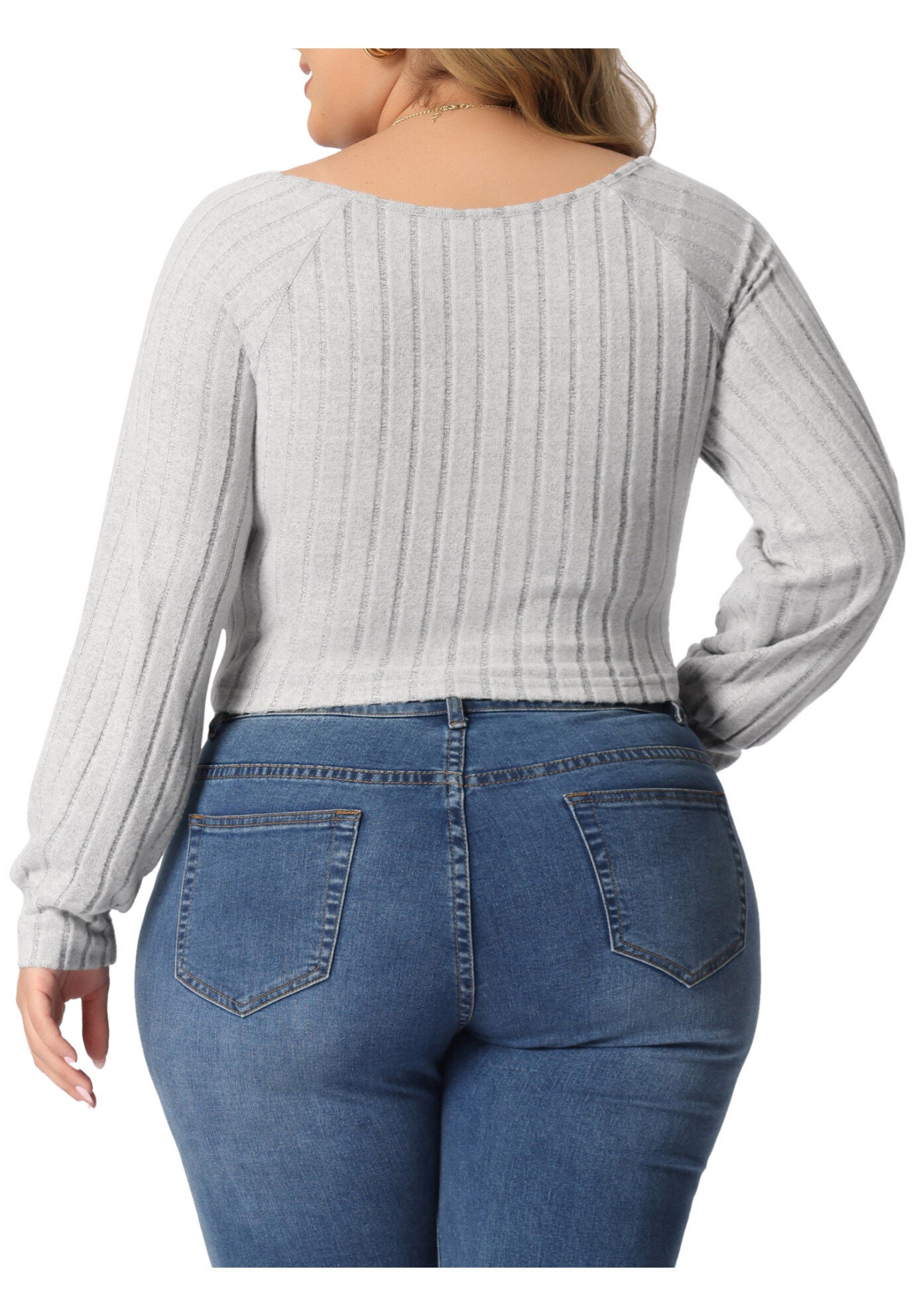 Square Neck Long Sleeve Slim Fitted T-Shirt Crop Tee Top, Gray / Light Green, alternate image number 3