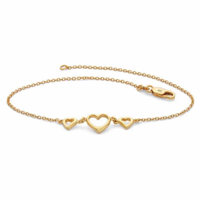 Triple-Heart 18k Gold-plated Sterling Silver Ankle Bracelet 10 inches, Yellow / Yellow, hi-res image number null