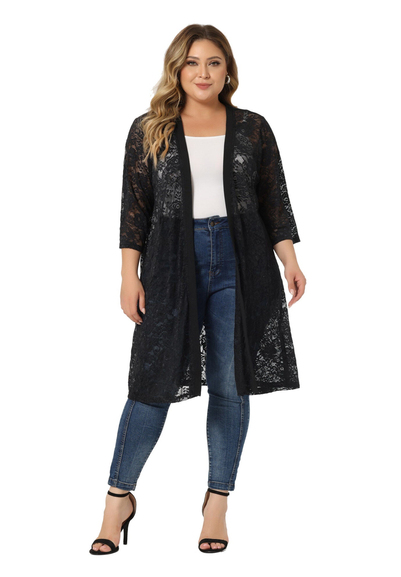 LACE CROCHET 3/4 SLEEVE COVER UP CARDIGAN, Dark Black / Black, alternate image number 2